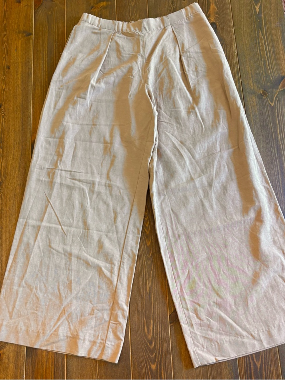 Zara Linen Blend Wide Leg Pull-On Pants Pleated Front Neutral Tan Size Medium - Picture 3 of 13